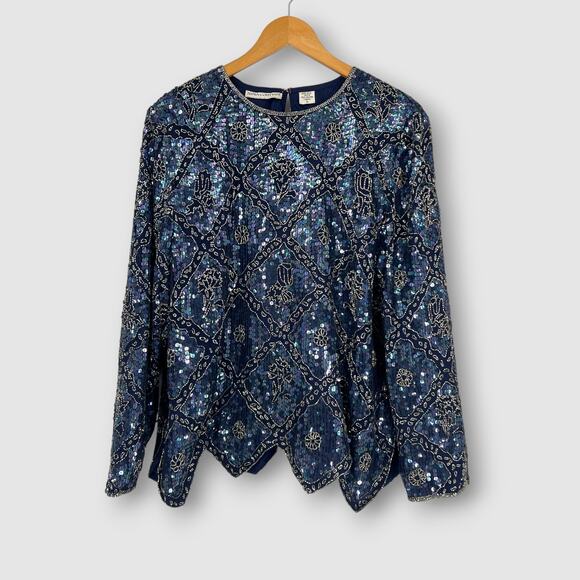 Vintage Nina Couture Sequin Silk Top Navy Blue Beaded Evening Blouse Large - Picture 1 of 6